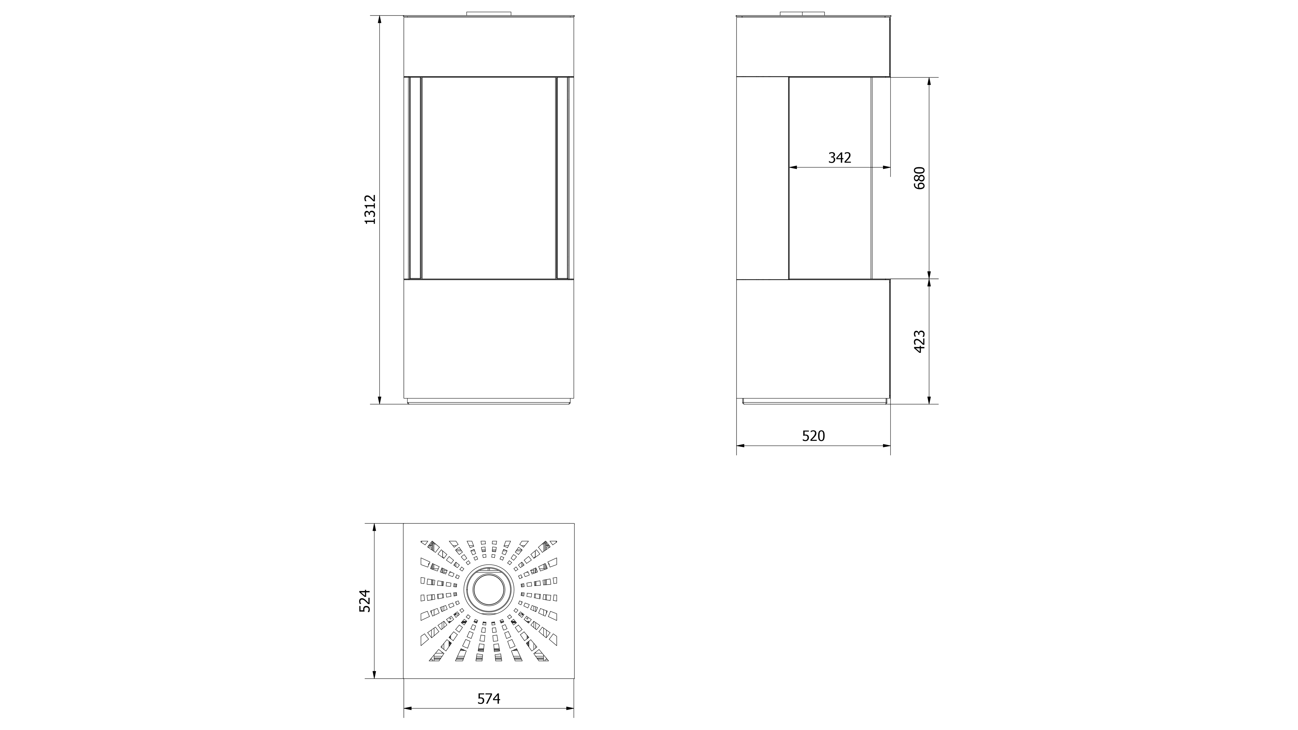wymiary kominka gazowego LEO 45/68 lewy / prawy z zabudową HOME EASY BOX stalowy - czarny