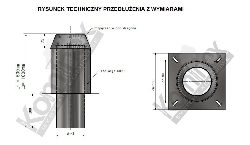 przedłużenie komina o długości 1 metra - rysunek