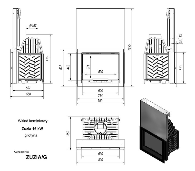 kominek zuzia typu gilotyna - wymiary