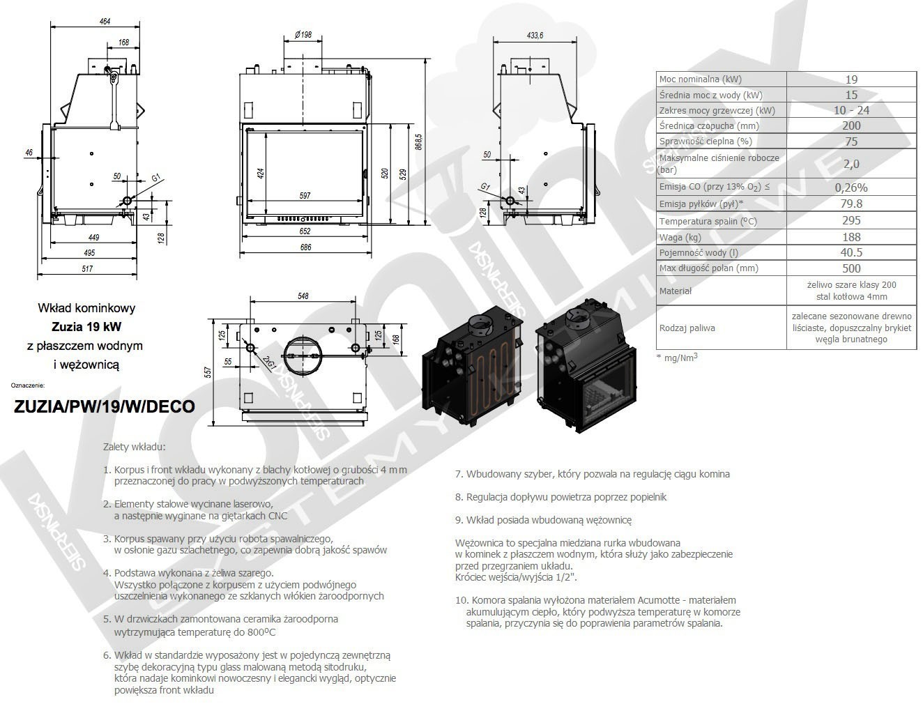 kominek kratki ZUZIA DECO do układu otwartego parametry